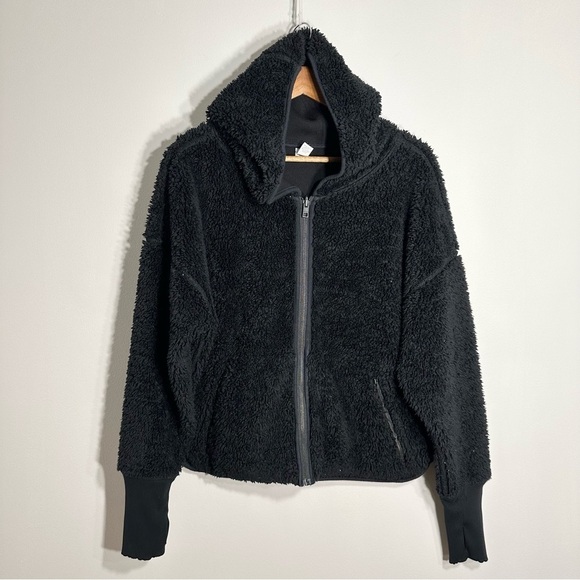 Athleta Black Sherpa Reversible Hooded Zipper Jacket Coat Women Size Large - Picture 1 of 15